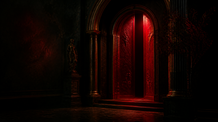 Oxblood-lit sculptural doorway against black velvet depth with restrained antique-gold glow.