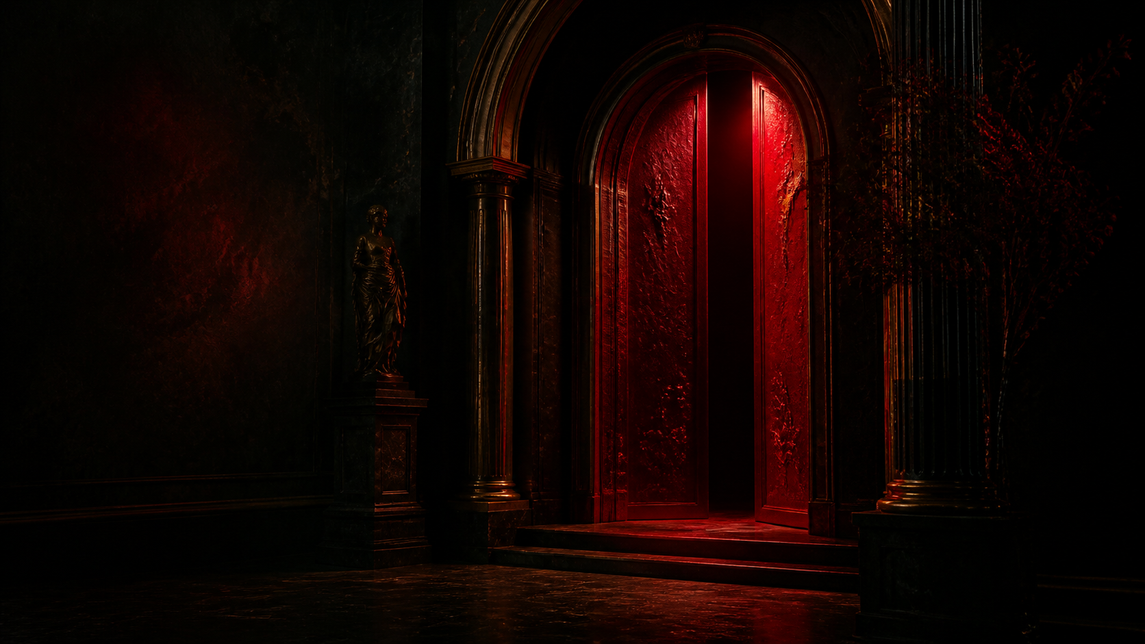 Oxblood-lit sculptural doorway against black velvet depth with restrained antique-gold glow.