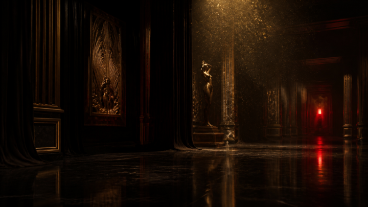 Empty art-deco gallery at midnight with black stone, suspended gold dust and one red light.