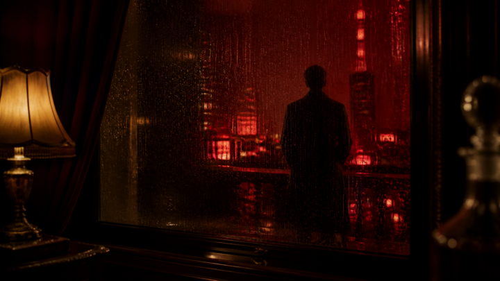 Rain on a dark window, a distant silhouette, and deep crimson city light with restrained gold reflections.