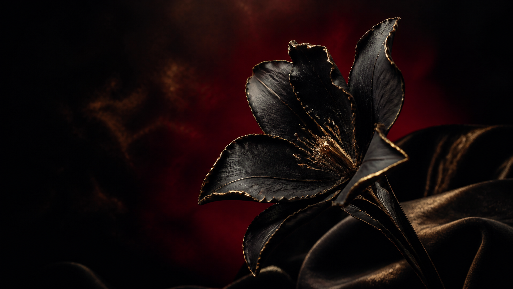 Black sculptural flower emerging from shadow with a soft oxblood halo and antique gold details.