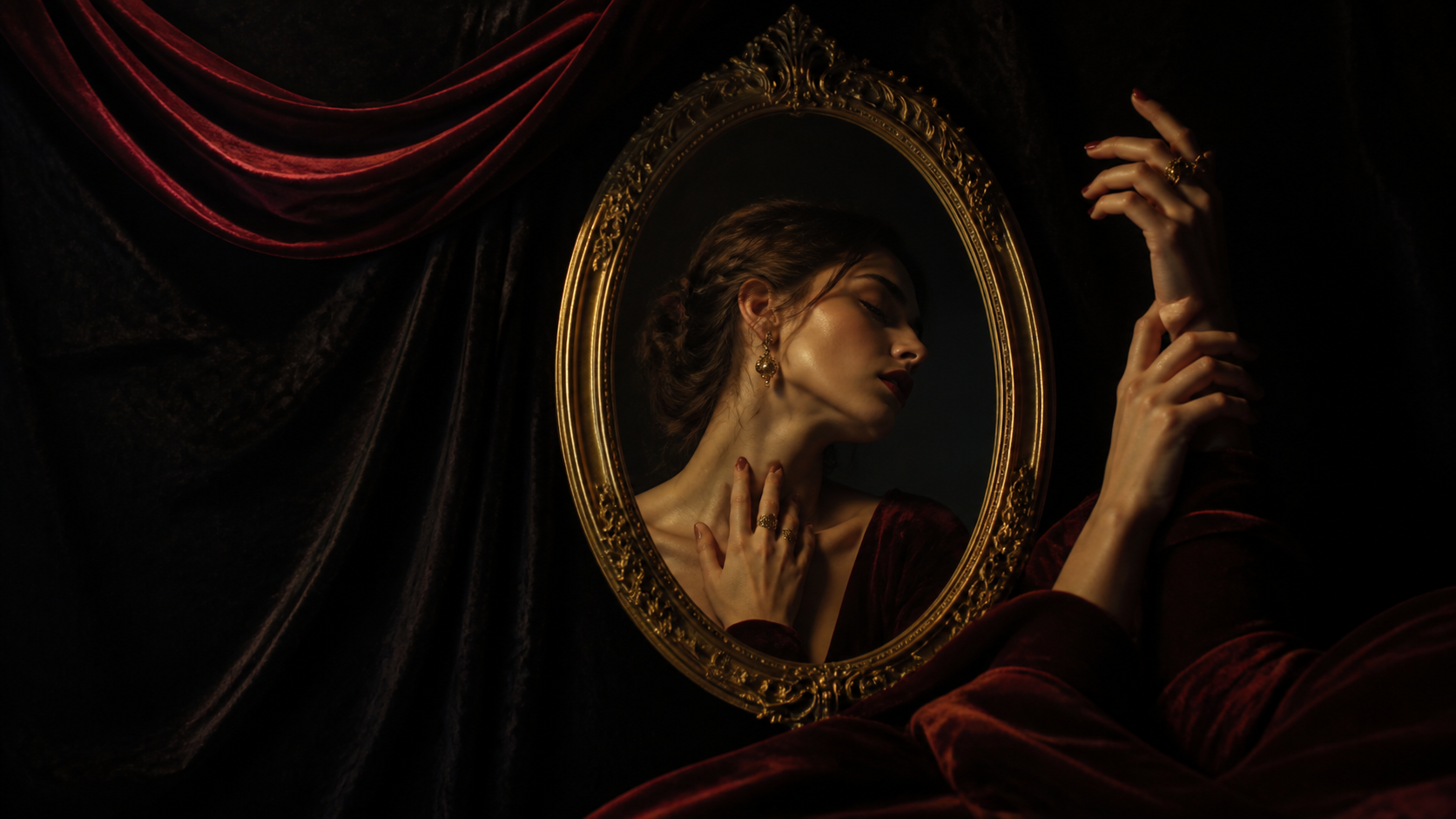 Burgundy velvet with an antique gold mirror and elegant hands in dramatic chiaroscuro.