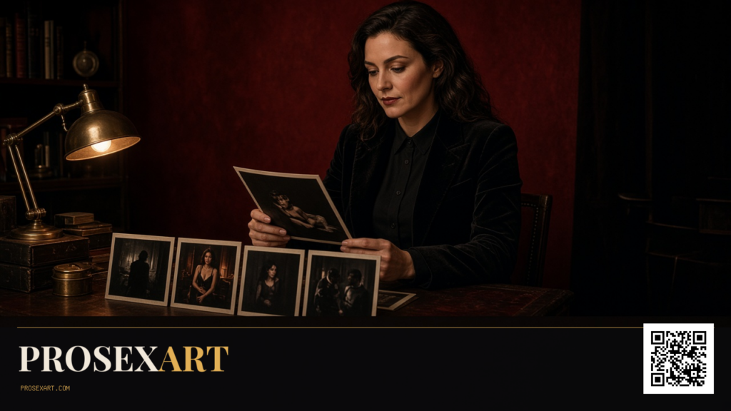 Clothed adult film curator at an editing desk, with dark red and gold cinematic lighting.