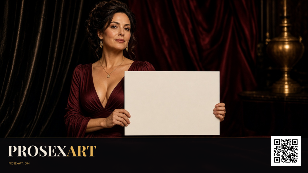 Adult model in an oxblood satin dress holding a blank poster card in a dark studio.