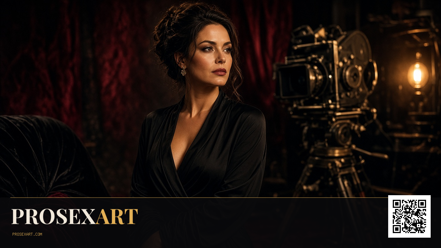 Adult editorial portrait beside film equipment in black silk and gold lighting.