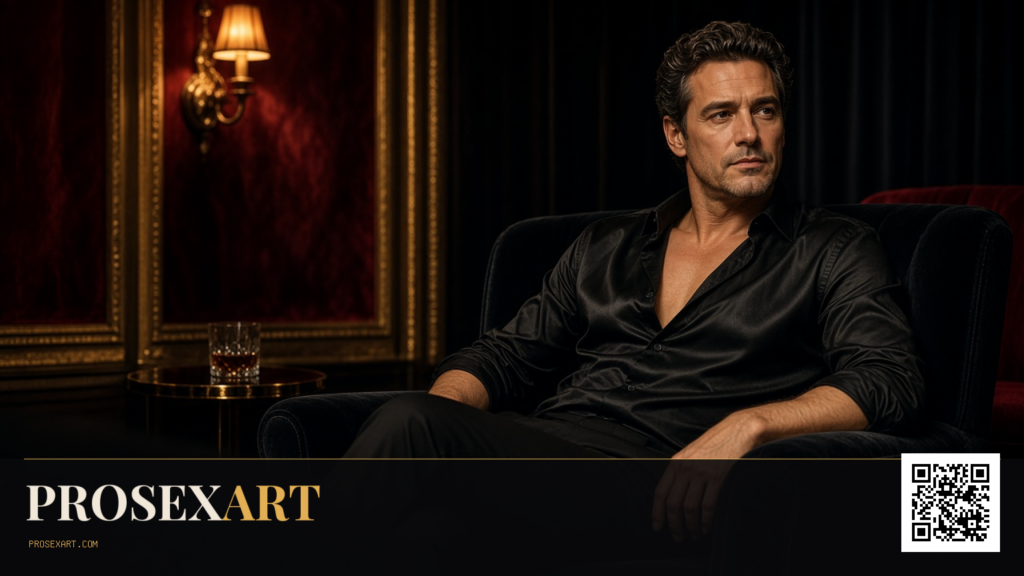 Adult editorial portrait in a dark cinema lounge with oxblood and gold accents.