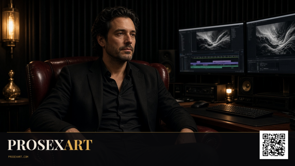Clothed adult filmmaker reviewing footage in a dark editing suite with gold lighting.