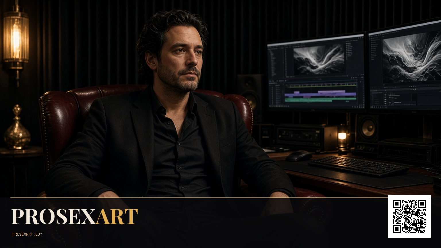 Clothed adult filmmaker reviewing footage in a dark editing suite with gold lighting.
